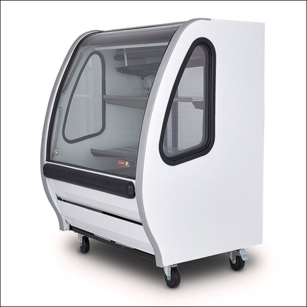 VITRINA BLANCA. DE CRISTAL CURVO MARCA TORREY DE 1 MT, ILUMINACION LED ENTREPAÑOS EN A.I.