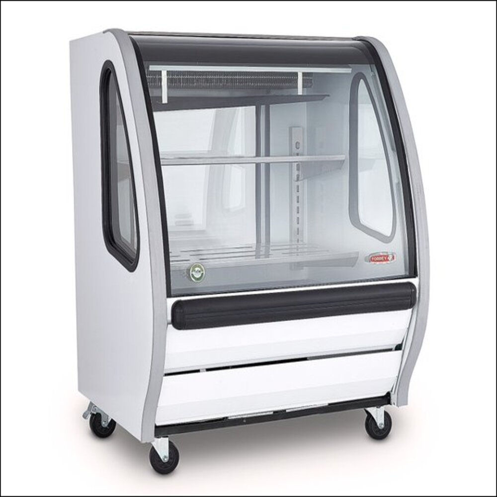 VITRINA BLANCA. DE CRISTAL CURVO MARCA TORREY DE 1 MT, ILUMINACION LED ENTREPAÑOS EN A.I.