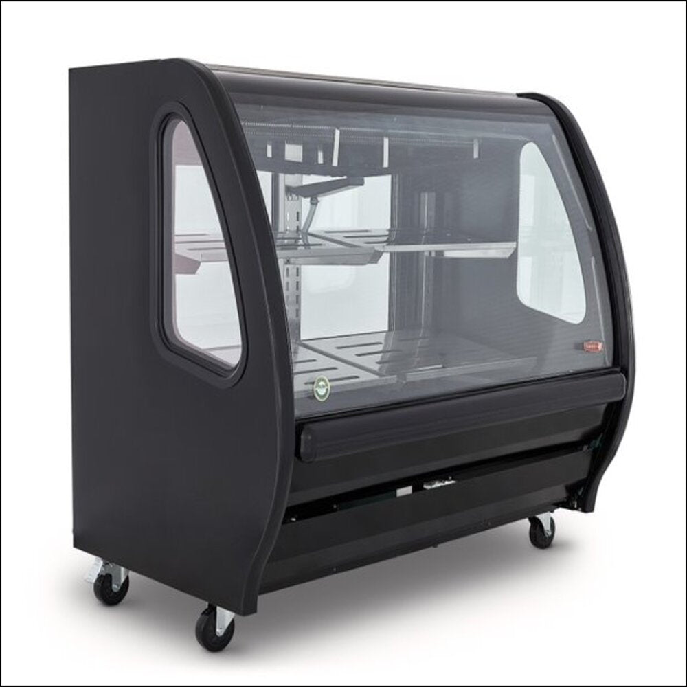 VITRINA NEGRA DE CRISTAL CURVO TORREY DE 1.5 MT, ILUMINACION LED ENTREPAÑOS EN A.I.