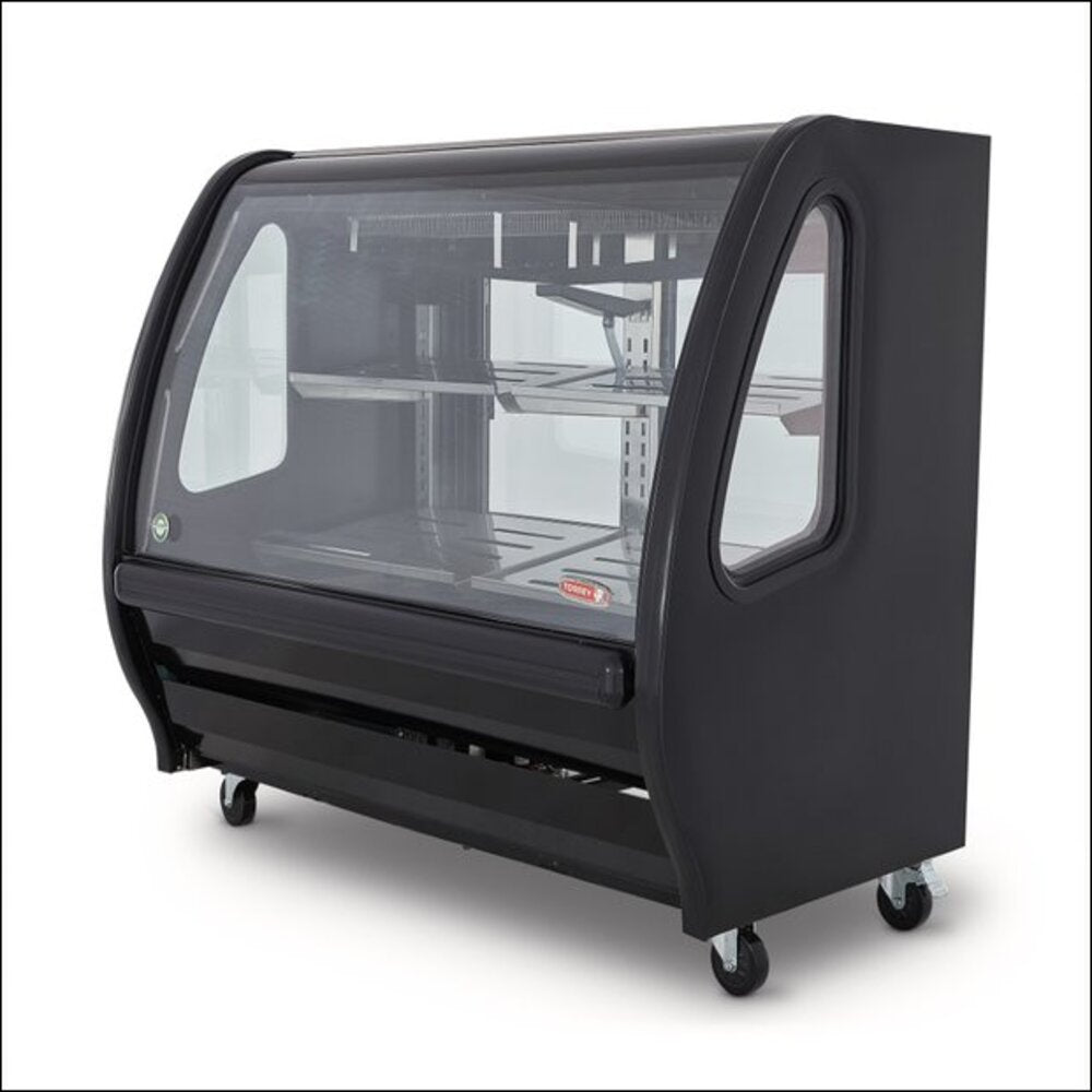 VITRINA NEGRA DE CRISTAL CURVO TORREY DE 1.5 MT, ILUMINACION LED ENTREPAÑOS EN A.I.