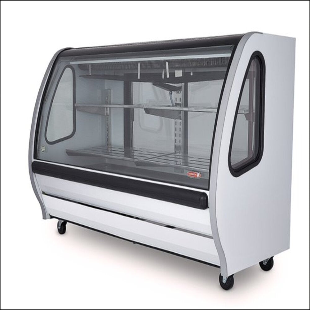 VITRINA BLANCA CRISTAL CURVO MARCA TORREY, 2 METROS DE LARGO, CAPACIDAD 24 PIES CUB
