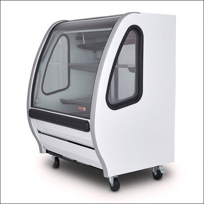 VITRINA BLANCA. DE CRISTAL CURVO MARCA TORREY DE 1 MT, ILUMINACION LED ENTREPAÑOS EN A.I.