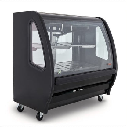 VITRINA NEGRA DE CRISTAL CURVO TORREY DE 1.5 MT, ILUMINACION LED ENTREPAÑOS EN A.I.